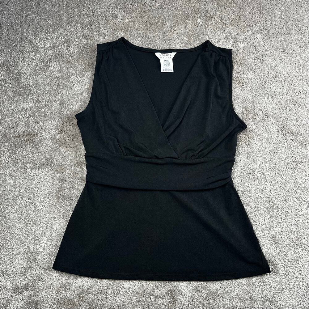 George Black Faux Wrap Peplum Top Size M V-Neck Sleeveless Office Corp Glam